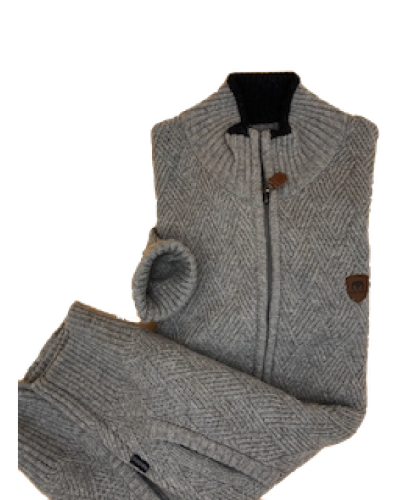 Makis Tselios Woolen Cardigan with Zipper and Side Pockets in Gray Color with Embossed Rhombuses JACKETS