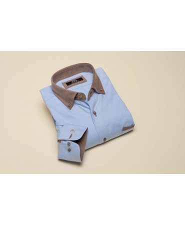 Makis Tselios Light Blue Shirt with Brown Corduroy Collar and Rally in Pocket