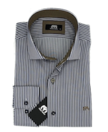 Makis Tselios White Shirt with Blue Stripes and Beige Details