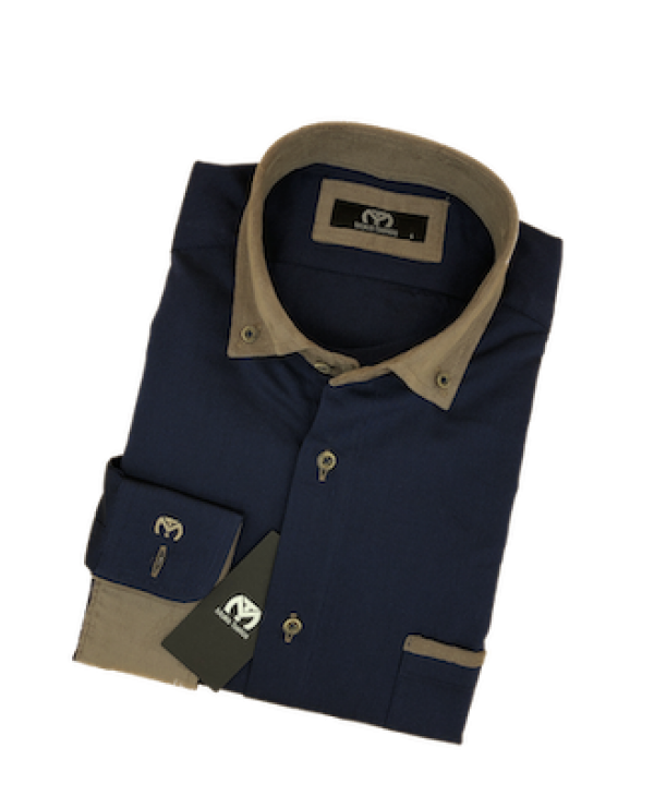 Makis Tselios Shirt in Blue Base with Brown Corduroy Collar and Finishes MAKIS TSELIOS SHIRTS