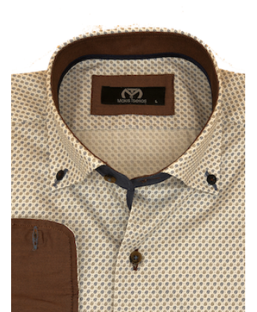 Makis Tselios Shirt in White Base with Miniature Blue and Oil as well as Brown Inner Collar and Cuff