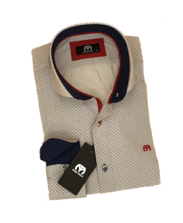 Makis Tselios shirt on a white base with a small blue and red pattern
