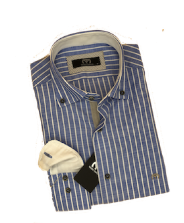 Makis Tselios Cotton Shirt in Blue Base with Striped White As well as White Finishes