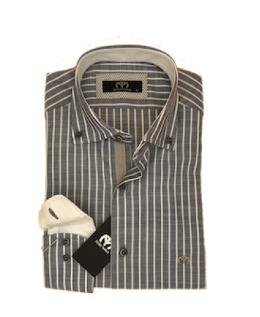 Makis Tselios cotton shirt on a gray base with a white stripe as well as white finishes