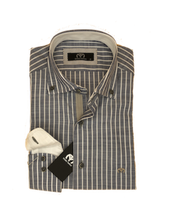Makis Tselios cotton shirt on a gray base with a white stripe as well as white finishes