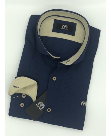 Makis Tselios shirt in blue base with embossed blue design and beige trim as well as beige buttons