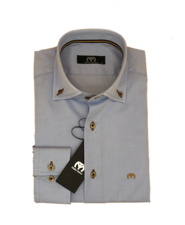 Makis Tselios shirt monochrome in light blue with beige buttons and beige logo MAKIS TSELIOS SHIRTS