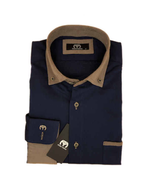 Makis Tselios Shirt in Blue Base with Brown Corduroy Collar and Finishes MAKIS TSELIOS SHIRTS