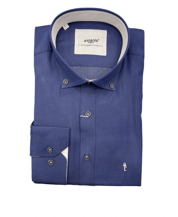 Shirt with white polka dots on a blue base and special white finishes for the Aslanis collar and cuff OFFERS