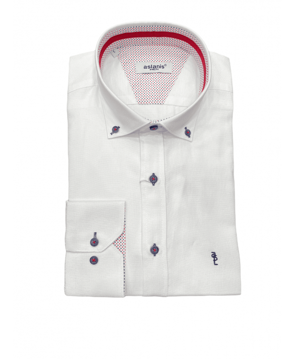White Shirt with Blue Buttons and Finish with Miniature Red Blue Aslanis OFFERS