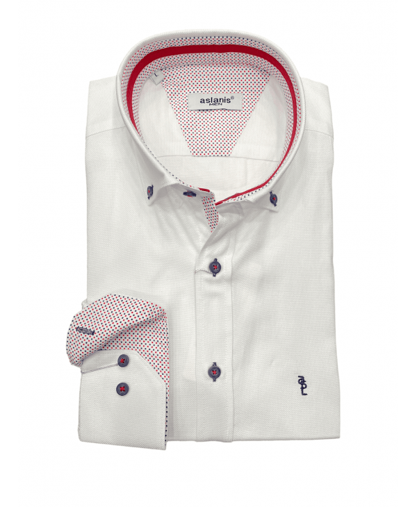 White Shirt with Blue Buttons and Finish with Miniature Red Blue Aslanis OFFERS