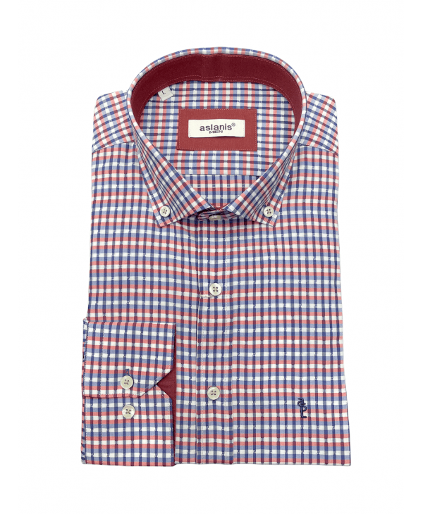 Aslanis Plaid Shirt Blue Lilac Pink and White in Comfortable Line and Bordeaux Finishes OFFERS