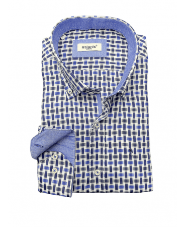 White shirt with blue geometric pattern and Aslanis men seam