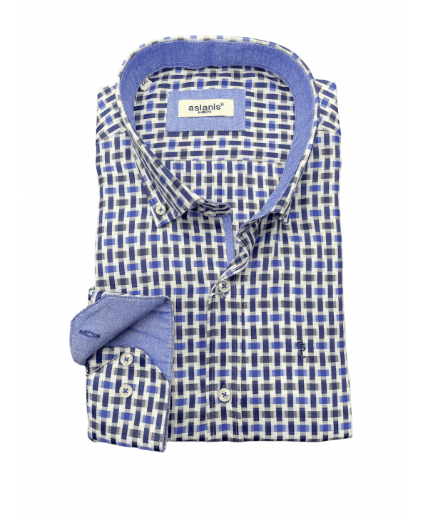 White shirt with blue geometric pattern and Aslanis men seam OFFERS