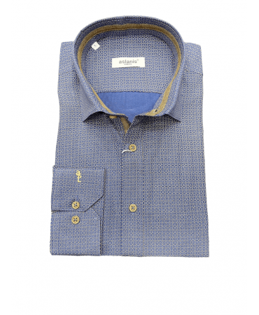 Piraeus Men's Shirt Aslanis Men in Blue Base with Brown Miniature and Buttons