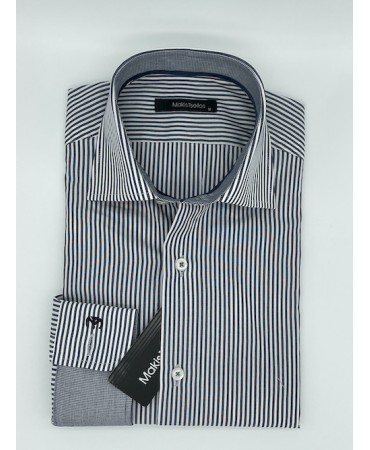 Makis Tselios Striped Blue Shirt in White Base and Plaid Finishes Inside the Cuff and Collar