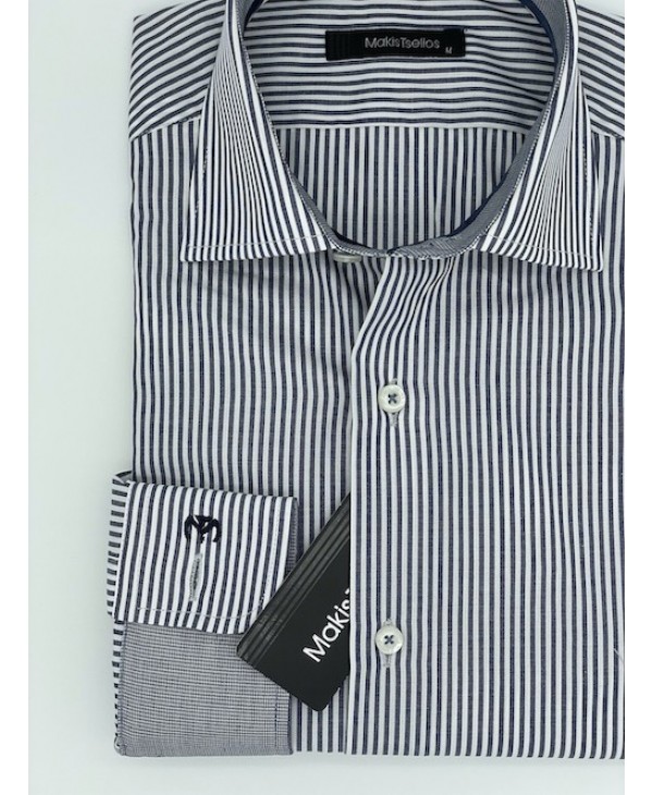 Makis Tselios Striped Blue Shirt in White Base and Plaid Finishes Inside the Cuff and Collar OFFERS