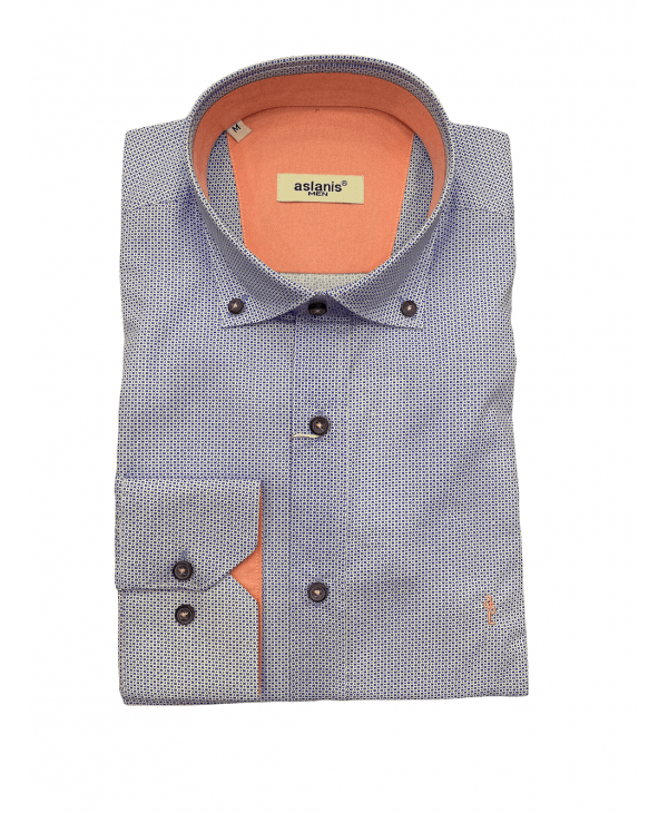 Aslanis Men Shirt Cot.80% -Pol.20% Micro Design in Blue Base with Half Salmon Patilla Inner Collar and Salmon Cuff as well as Blue Button. OFFERS