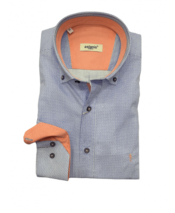 Aslanis Men Shirt Cot.80% -Pol.20% Micro Design in Blue Base with Half Salmon Patilla Inner Collar and Salmon Cuff as well as Blue Button. OFFERS