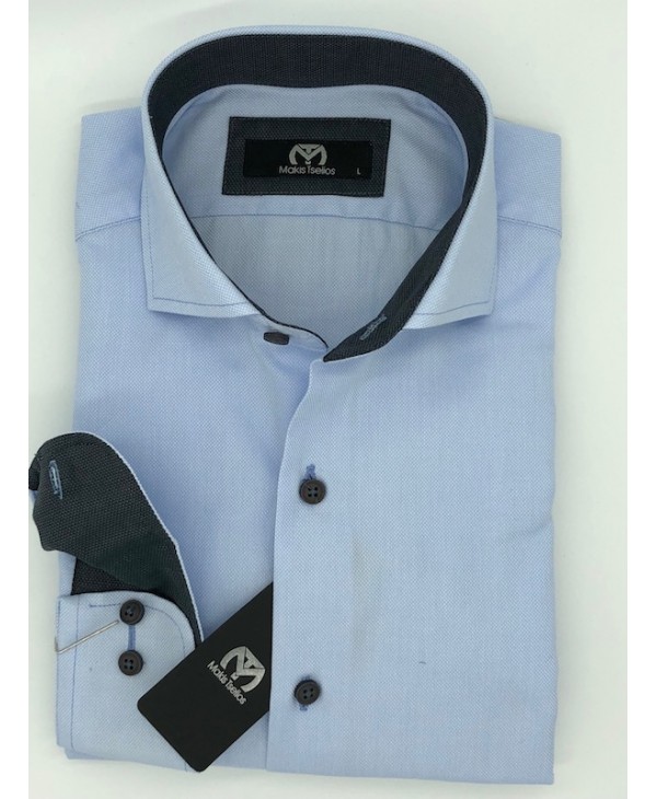Makis Tselios Cotton Shirts Monochrome Blue with Semi REX Collar MAKIS TSELIOS SHIRTS