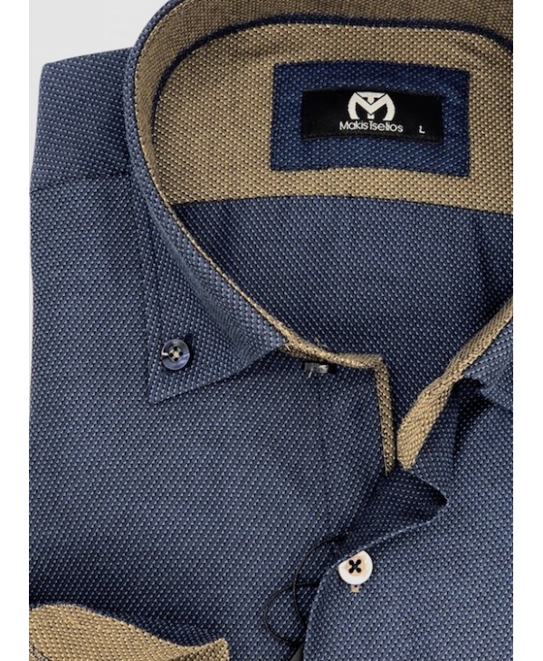 Makis Tselios Shirt Blue Comfortable Line with Special Beige Finish MAKIS TSELIOS SHIRTS