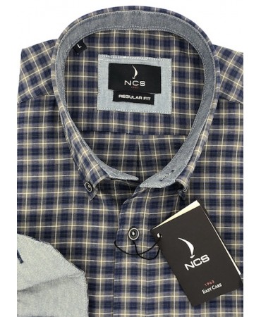 Men's Shirt NCS Plaid Blue on a Gray Base with Pocket and Button on the Collar
