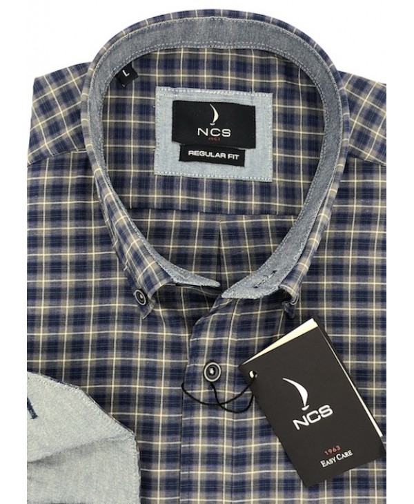 Men's Shirt NCS Plaid Blue on a Gray Base with Pocket and Button on the Collar  NCS SHIRTS