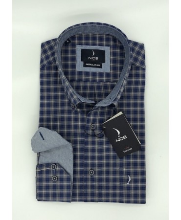 Men's Shirt NCS Plaid Blue on a Gray Base with Pocket and Button on the Collar