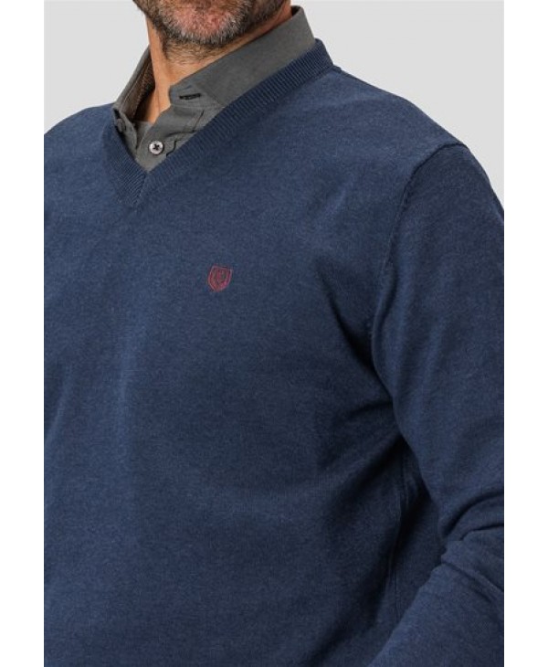 Knitted cotton with a small Ve on the neck in the color blue of PreEnd ROUND NECK