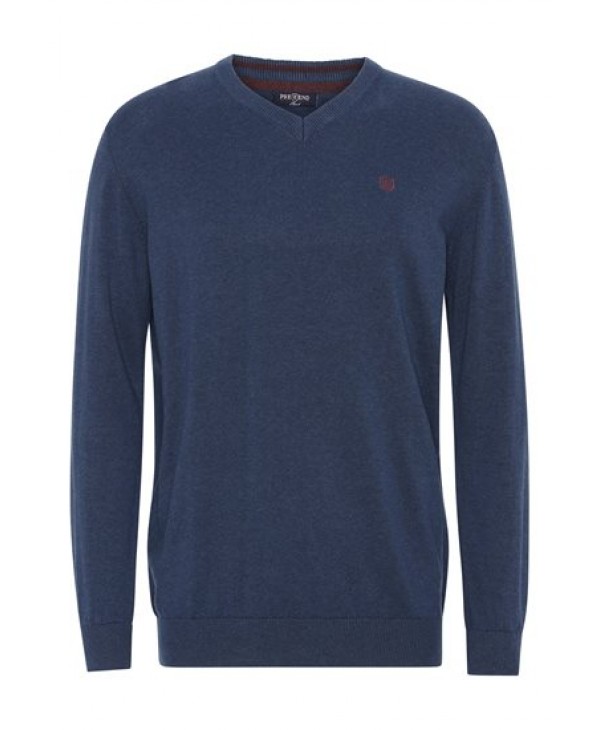 Knitted cotton with a small Ve on the neck in the color blue of PreEnd ROUND NECK