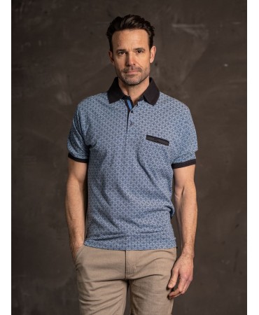 Preend polo shirt on light blue base with blue geometric pattern and pocket