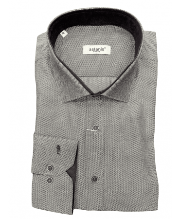 Aslanis shirt in gray design with black trim inside the collar and cuff