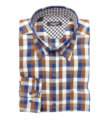 Aslanis men plaid shirt with blue, brown and white