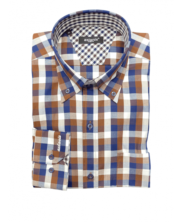 Aslanis men plaid shirt with blue, brown and white OFFERS