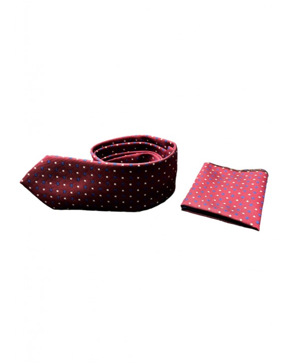 Burgundy tie with blue and white small geometric shapes GM Tie set