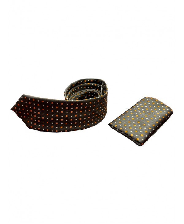 Gray tie and handkerchief with orange and crew neck geometric pattern GM Tie