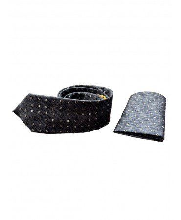 Tie with a scarf set of raff with geometric shapes in gray color
