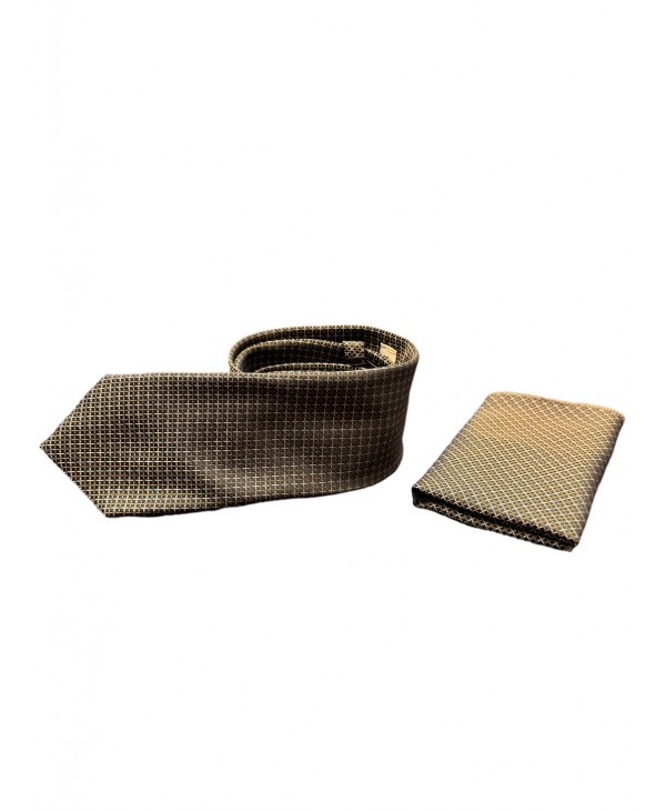 Tie with handkerchief set in blue base with beige and white check MAKIS TSELIOS TIE SET 