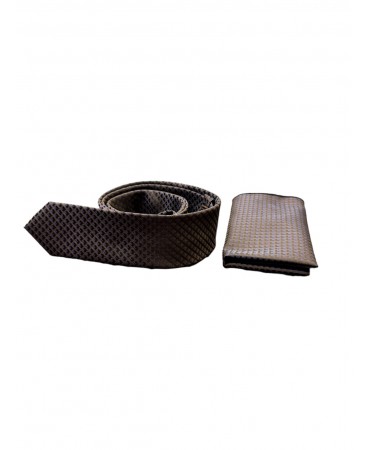 Tie set with handkerchief on a black base with a blue geometric pattern