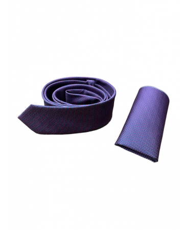Tie on a blue base with a purple small pattern and a handkerchief in the same pattern