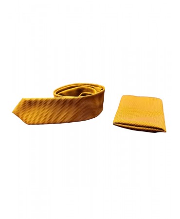 Set of tie with handkerchief in mustard base with brown polka dots