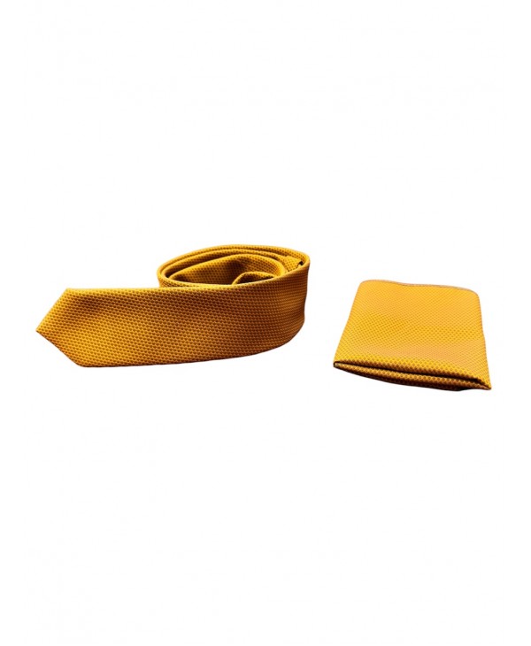 Set of tie with handkerchief in mustard base with brown polka dots MAKIS TSELIOS TIE SET 