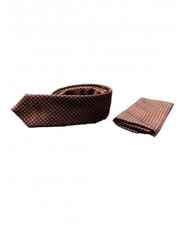 Makis Tselios necktie set with handkerchief in burgundy base with beige small pattern