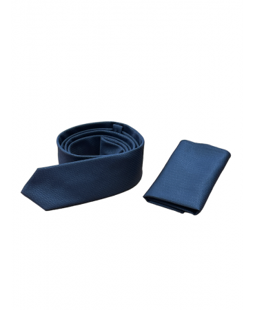 Makis Tselios handkerchief tie set on a blue base with a small embossed pattern