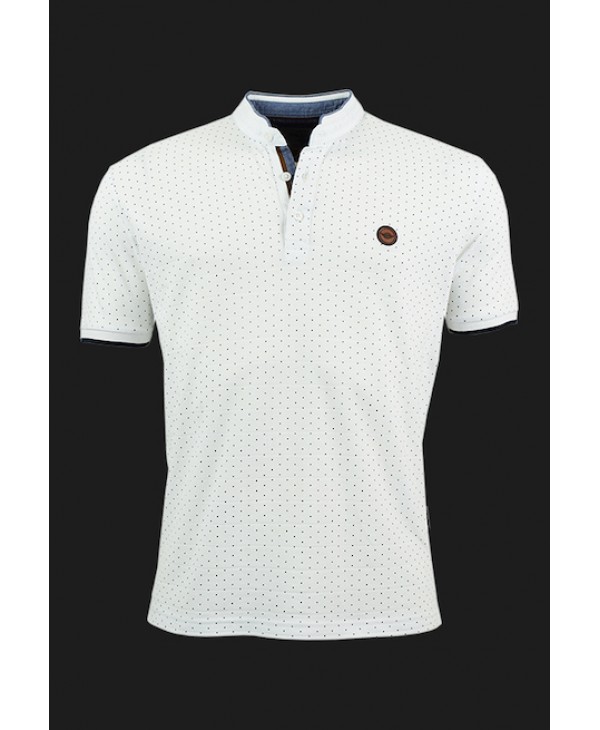 MAO Side Effect Blouse in White with Blue Polka Dots SHORT SLEEVE POLO 