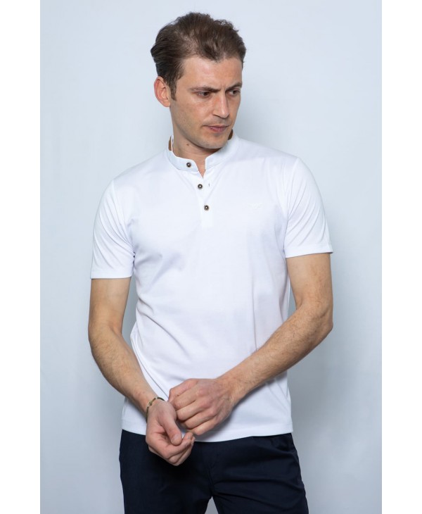 Mao t-shirt white with special two-color buttons side effect SHORT SLEEVE POLO 