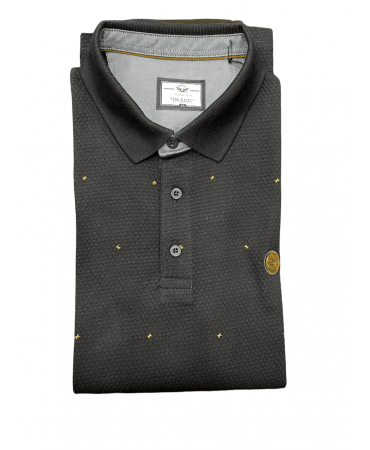Polo shirt with button on a blue base with beige trim and trim around the collar
