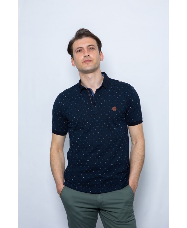 Side Effect polo shirt on blue base with beige, seam and oil trimmings SHORT SLEEVE POLO 