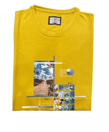 T-shirt cotton t-shirt with blue print in mustard color