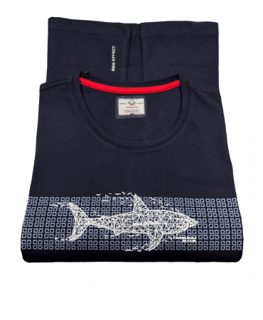 Side Effect blue t-shirt with embossed white whale on the front